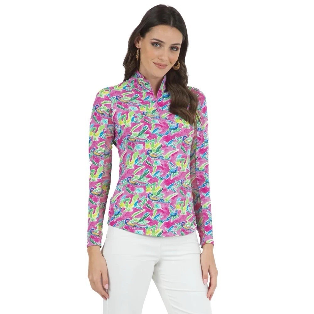 IBKUL Rachel Mock Neck Shirt Sz L Golf Tennis Pickleball UPF 50+ Peacock Print